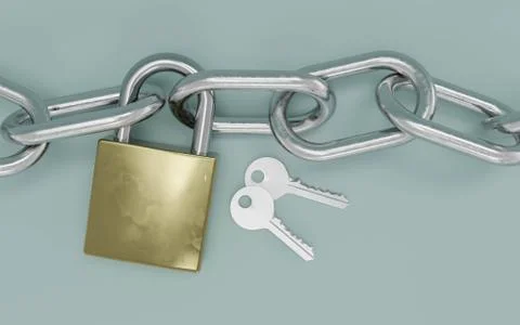 Two small keys with metal chain and lock isolated on mint green background 3d Stock Illustration