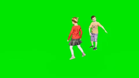 Two small kids playing and standing in set on a 3d animated green screen 動画素材 329596956
