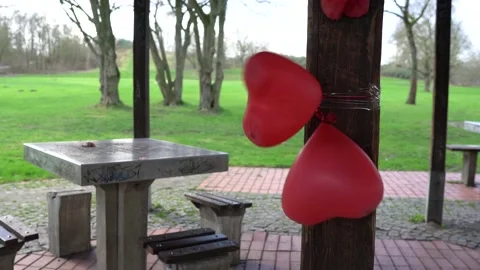 Two small red balloons dance tied to a pole in a stormy wind, in a park Stock Footage 170654773