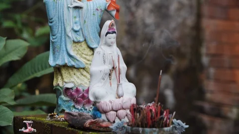 Two small religious statues at hindu Melukat Mebayuh Ceremonial, Bali Stock-Footage 140297022