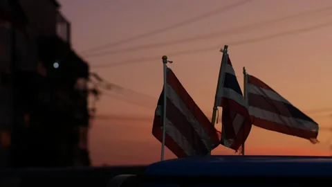 Two Small Thai National Flags on Car Roof Waving Stock-Footage 332831619