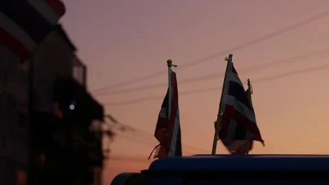 Two Small Thai National Flags on Car Roof Waving Stock Footage 333292261
