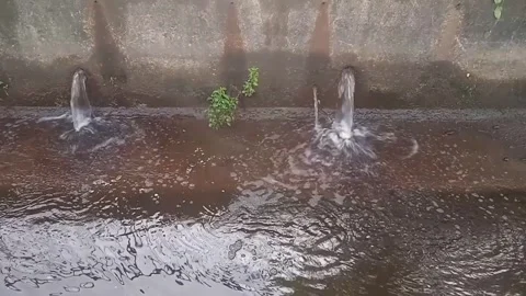 Two Small Water Channels Flowing Into Concrete Ditch Stock Footage 304963557