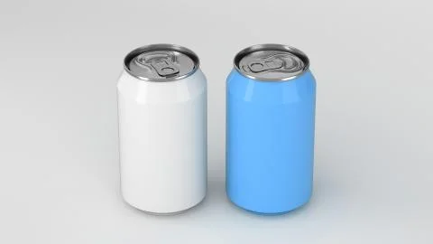 Two small white and blue aluminum soda cans mockup on white background Stock Illustration