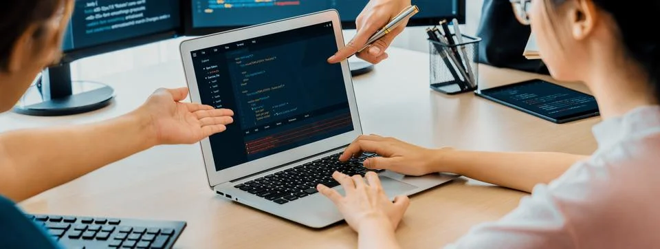 Two smart computer engineers working together to solve program code. Burgeoning. Foto stock