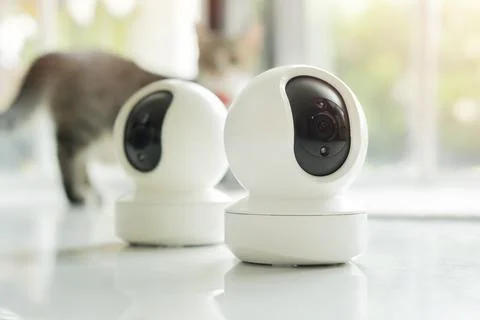 Two smart home security cameras rests on a floor while a curious cat explor.. Stock Photos