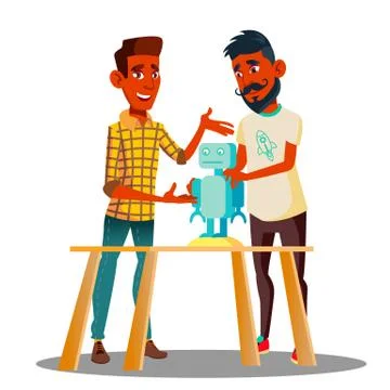 Two Smart Students Constructing A Robot In Classroom Vector. Isolated Stock Illustration
