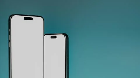 Two smartphones blank screen close up with blue background, 3d render Stock Illustration