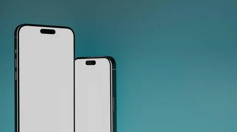 Two smartphones blank screen close up with blue background, 3d render Two ... Stock Photos