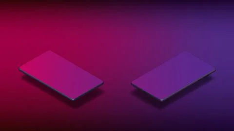 Two smartphones isometric with copy space on purple background. Illustrazione stock