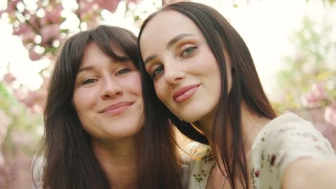 Two smiling bloggers making video on phone and having video call with sakura Stock Footage 276448277