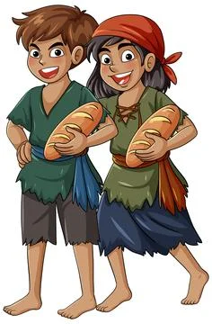 Two Smiling Children in Ragged Clothes Holding Bread Loaves Stockillustratie