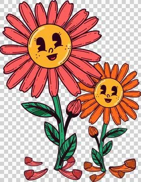 Two smiling flat flowers are floating on transparent backdrop with stems buds Ilustração Stock
