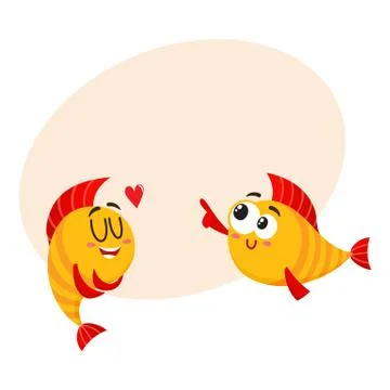 Two smiling golden fish characters, one showing love, another laughing Stock Illustration