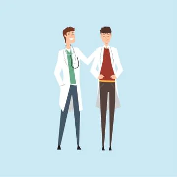 Two smiling male doctors characters, hospital workers standing together vector Stock Illustration