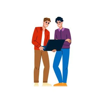 Two smiling men holding laptop and working together Stock Illustration
