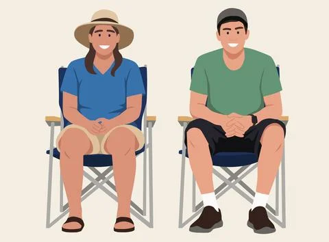 Two smiling people wearing sun hat and a cap sitting in outdoor folding chair Stock Illustration