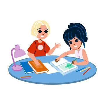 Two smiling school kids studying together at home doing homework Stock Illustration