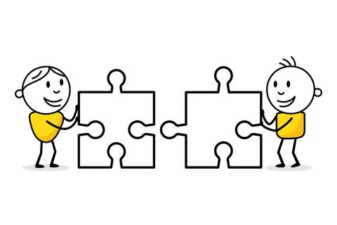 Two smiling stick figures holding puzzle elements. Hand drawn doodle men. Bus Stock Illustration