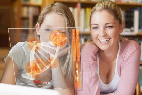 Two smiling students looking at laptop and futuristic interface Stock Illustration