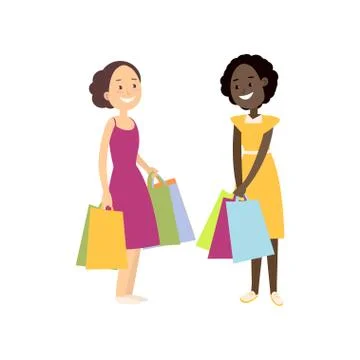Two smiling young girlfriends is return from mall shopping Stock Illustration