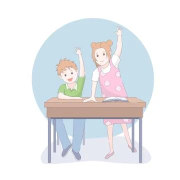 Two smiling young school children arms raised in class Stock Illustration