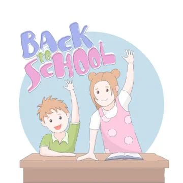 Two smiling young school children arms raised in class Stock Illustration