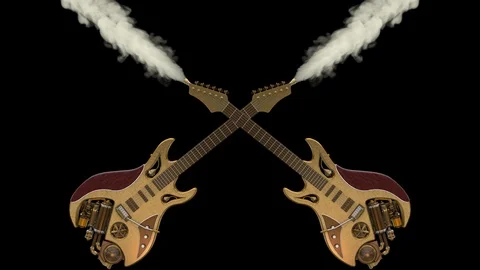 Two smoking Steampunk guitars animation. ALPHA MATTE Video stock 93469287