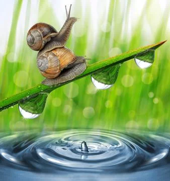 Two snail on dewy grass close up Stock Photos