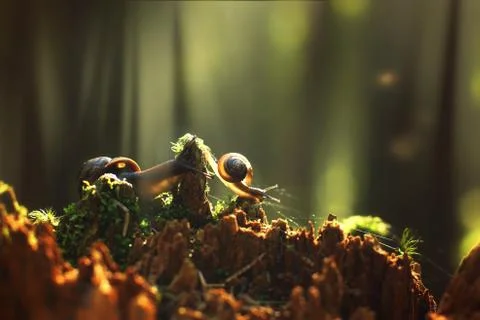 Two snails creep along the broken red stump with the morning forest, illumina Stock Photos