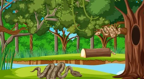 Two snake in forest at daytime scene with many trees 库存插图