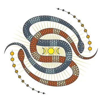 Two Snakes of Duality and Moon Astrological Esoteric Colored Emblem Stock Illustration
