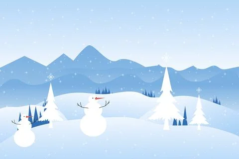 Two snowman with ice trees and Winter snowy Mountains landscape with hills .. Stock Illustration