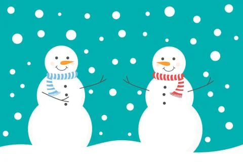 Two snowmans in enjoy snow fall in winter scenery. Vector illustration. Stock Illustration