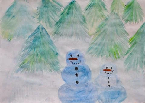 Two snowmen in background of the forest from the Christmas trees. Winter in t Stock Illustration