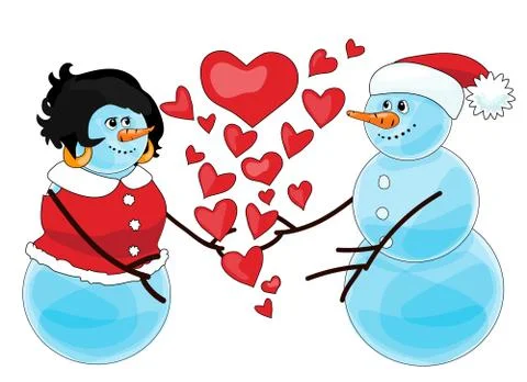 Two snowmen with red hearts. Cartoon style vector illustration. Stock Illustration