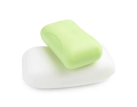 Two soap bars isolated on white. Personal hygiene Stockfoto's