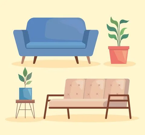 Two sofas and houseplants Illustrazione stock