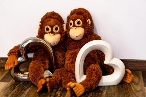 Two soft toy monkeys sit arm in arm on the one with two glass hearts Stock Photos