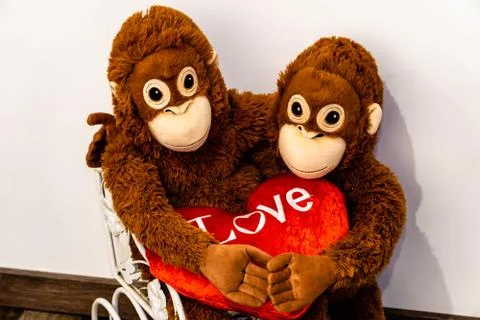 Two soft toy monkeys sit arm in arm in a small car, holding a fabric heart in Stock Photos