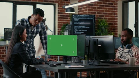 Two software developers analyzing source code looking at green screen chroma key Stock Footage 168251428