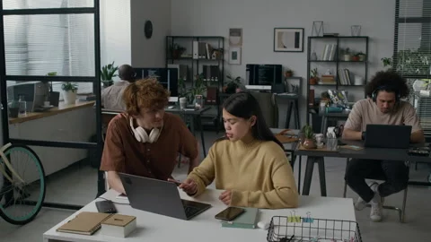 Two Software Developers Discussing Solution to Tech Problem during Workday Stock Footage 299230917