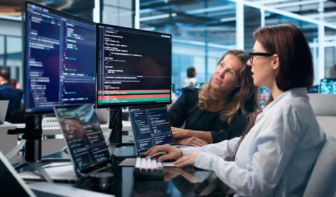 Two Software Developers Use Laptops To Compare Coding Changes Visually. Fotos Stock