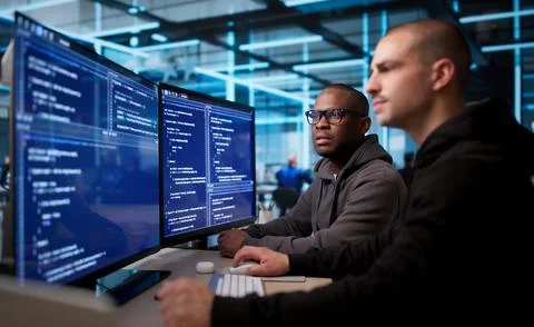 Two Software Engineers Working Together On Secure Business Application Code. Stock Photos