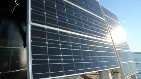 Two Solar Panels Near Ocean, Close Up Stock Footage 24809427
