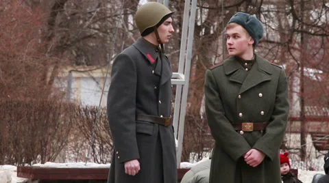 Two soldiers dressed in old soviet uniform Stock Footage 49614538