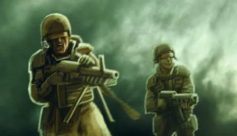 Two soldiers of the future against the background of smoke Stock Illustration