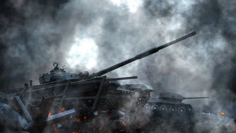 Two Soviet tanks after the battle on the hot earth Stock Footage 118258987