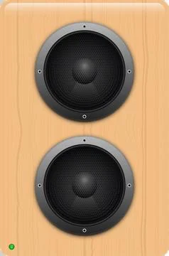 Two speaker drivers centered on a wood panel give a music and audio equipme.. Stock Illustration