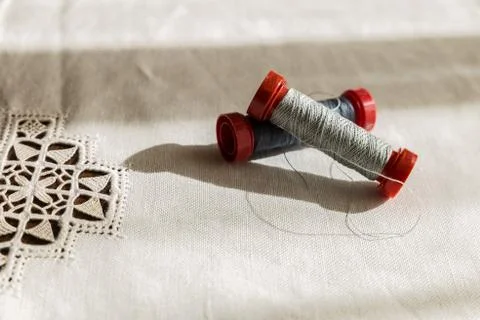 Two spools of gray thread Stock Photos